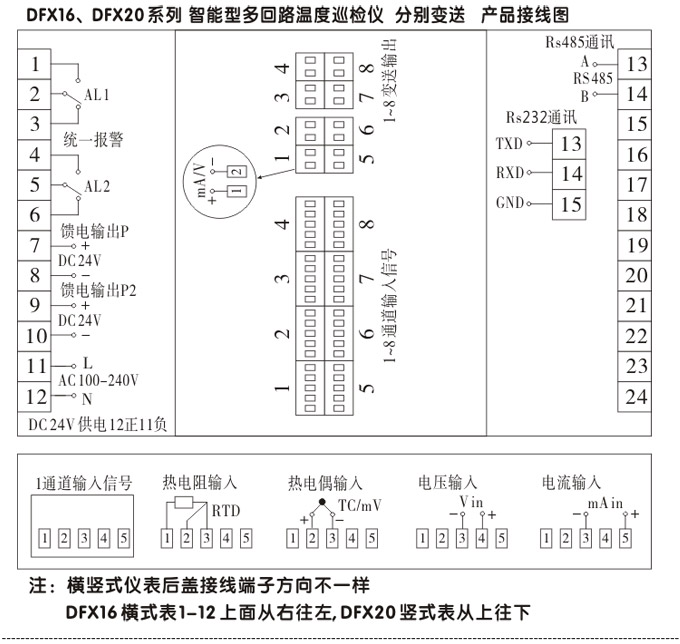 智能溫度巡檢儀，DFX16液晶溫度巡檢儀，多回路巡檢控制儀接線方式2