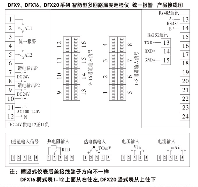 智能溫度巡檢儀，DFX16液晶溫度巡檢儀，多回路巡檢控制儀接線方式3